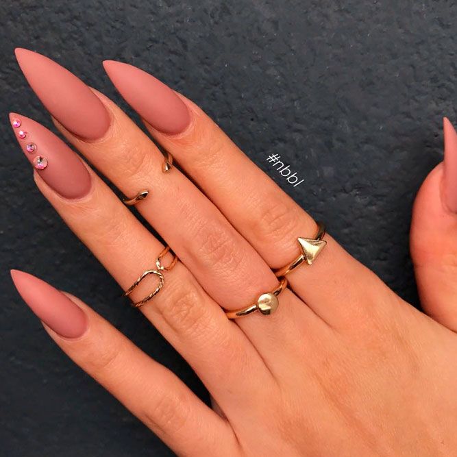 Matte Nude Stiletto With Rhinestones #mattenails #nudenails