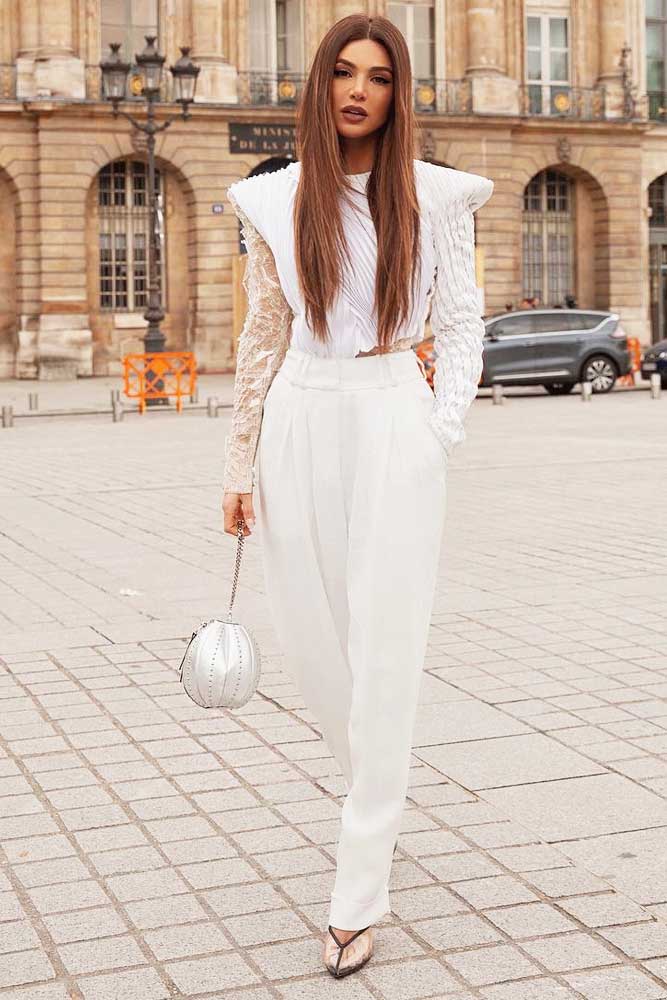 All White Outfit With Trousers #lacetop