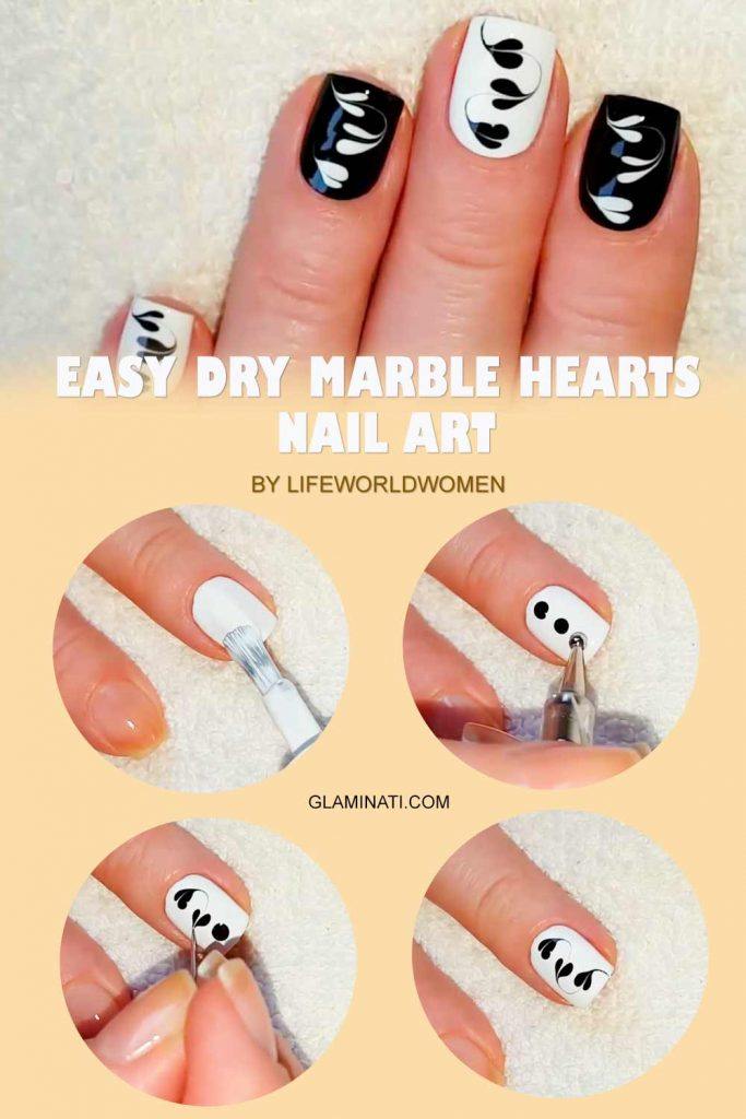 Easy Dry Marble Hearts #easynailart #naildesigns