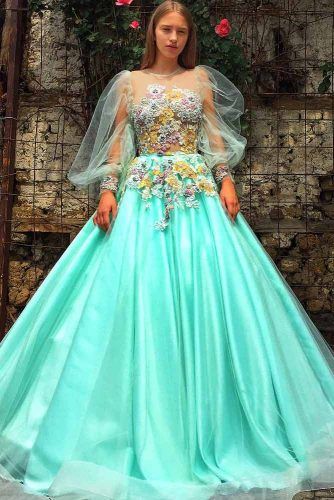Mint A-line Prom Dress With Long Sleeves #lace #alinedress