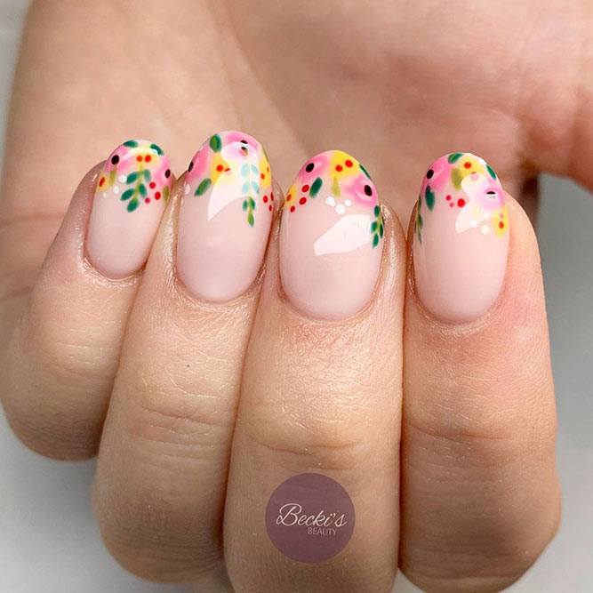 Floral French Tips For Short Nails #flowersnailart #floralnailart