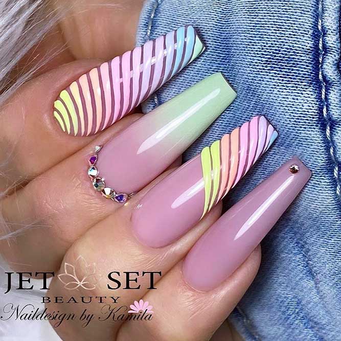 Spring Rainbow Nail Design #rainbow nails #coffinnails