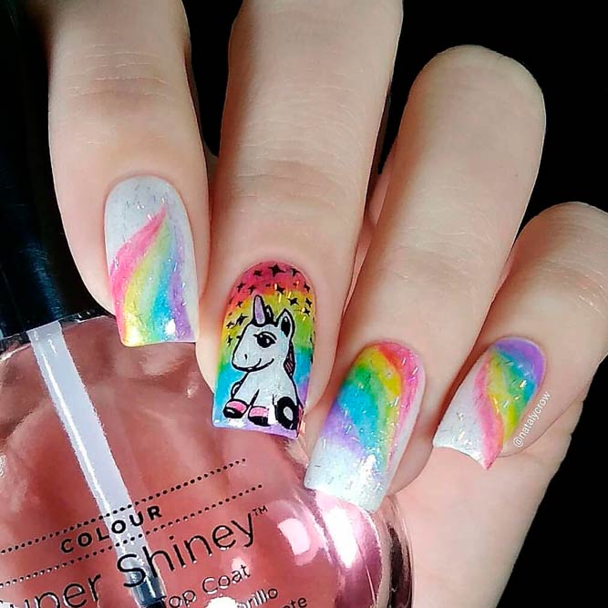 Unicorn Rainbow Nail Art #handpaintednails #rainbownails