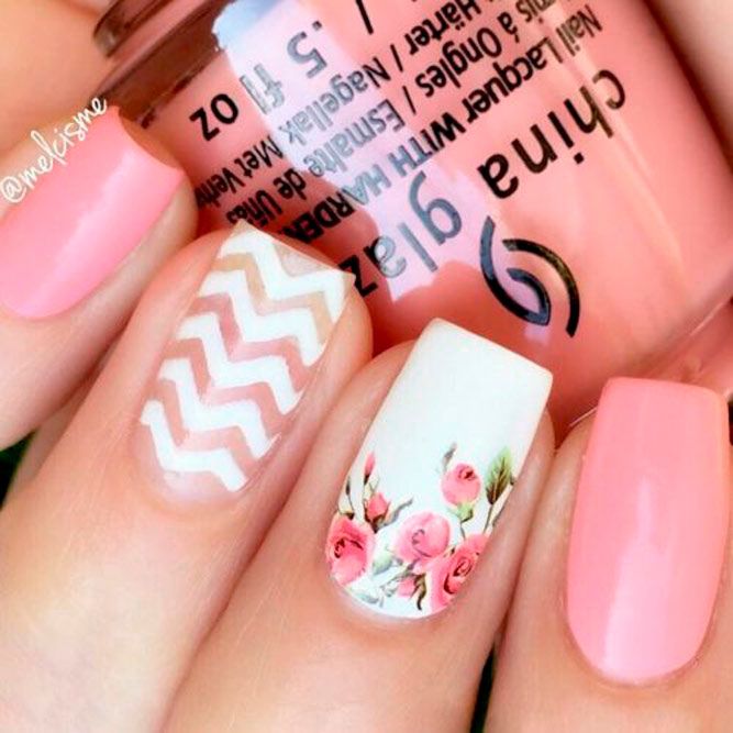 Floral Nail Art With Chevron Pattern #flowersnails #chevronnails