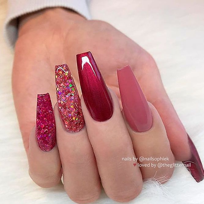 Long Burgundy Nails With Glitter #longnails #burgundynails