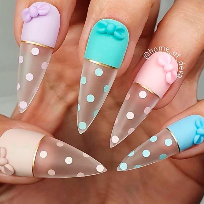 Transparent Nail With Dots And Bows #transparentsnails #longnails