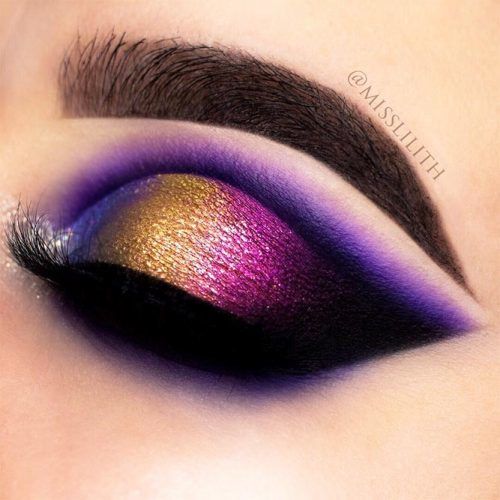 Blue, Gold And Purple Cut Crease Makeup Idea #cutcrease #smokey