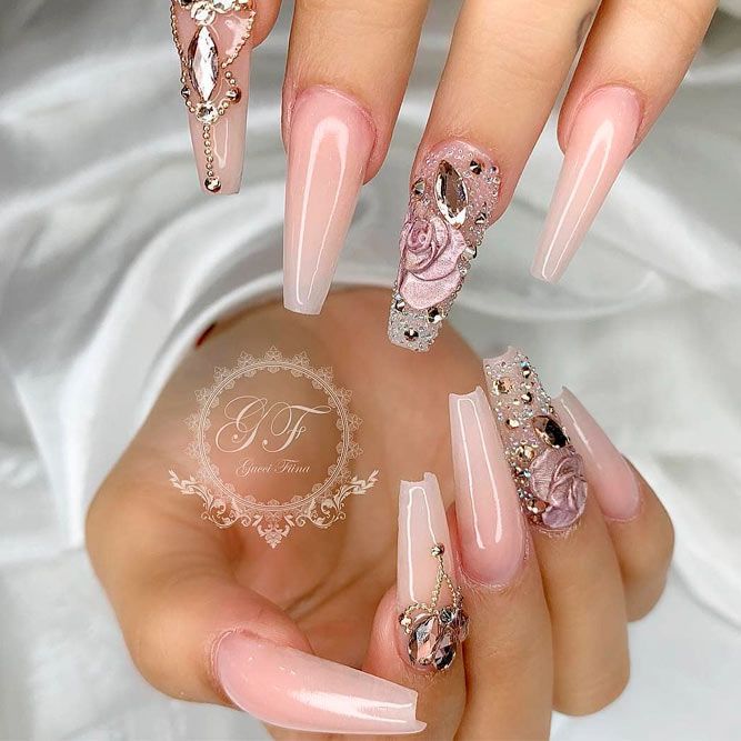 Nude Nails With 3-D Flowers #longnails #prettynails