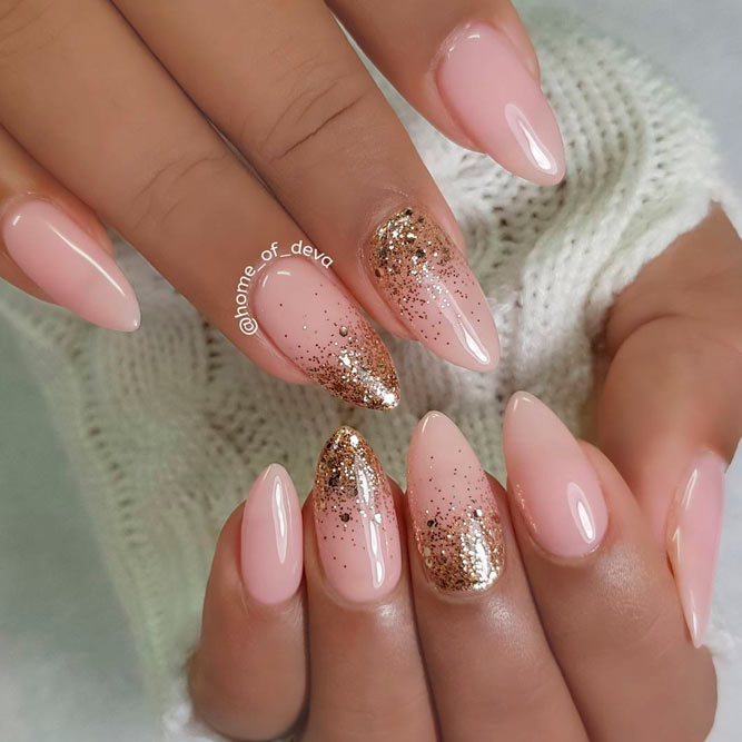 Nude Nail Designs with Gold Glitter Ombre #glitternails #ombrenails