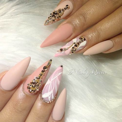 Matte Nude Nail Designs With Rhinestones #mattenails #longnails #rhinestonesnails