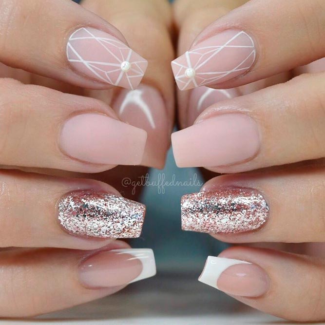 Matte Nude Nails With Geometric Pattern #mattenails #glitternails