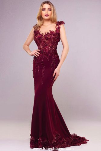 Long Burgundy Floral Dress Design For Prom Day