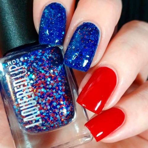 REd And Blue Glitter Nails #glitternails #shortnails