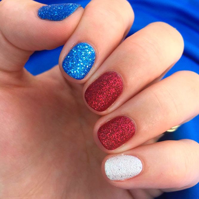 Blue, Red, White Glitter Nails #glitternails #easynailart