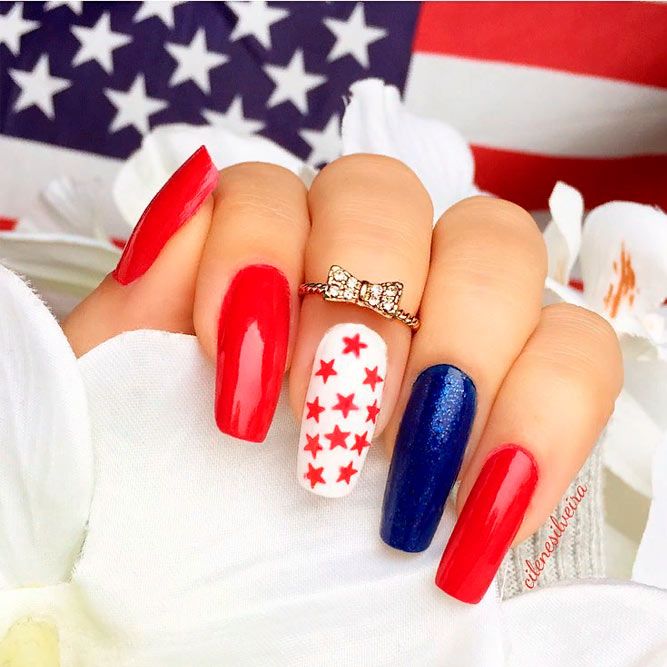 Red Stars Patterned Nails #redbluenails #longnails