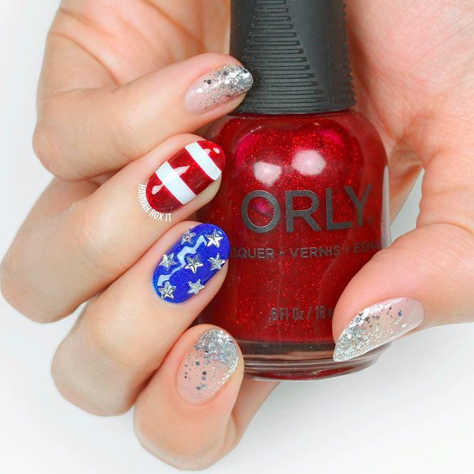 Patriotic Nail Art With Stars #studsnails #gitternails