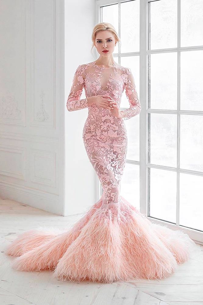 Long-Sleeved Pink Wedding Gowns