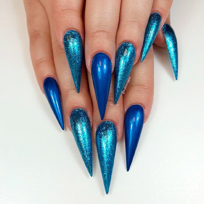 Mermaid Blue Stiletto Nails #bluenails #glitternails