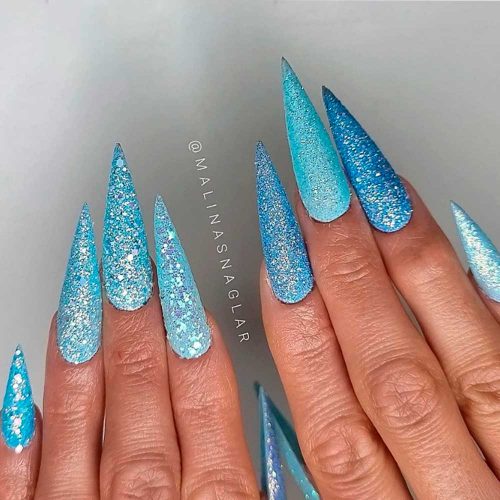 Bright Blue Nails Design With Glitter