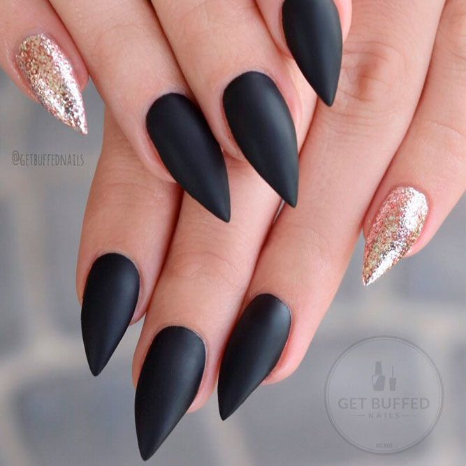 Black Matte Stiletto Nails With Glitter Accent #mattenails #blacknails