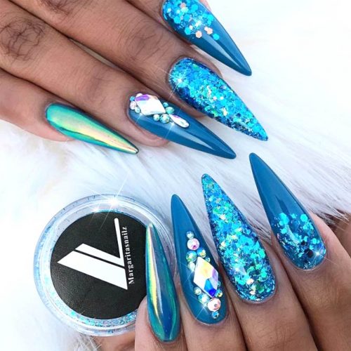 Bright Blue Nails Design With Glitter #brightbluestiletto