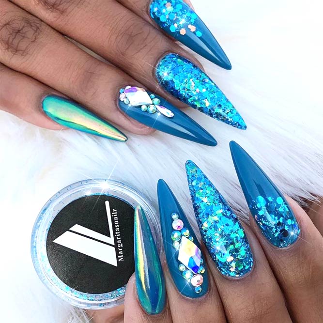 Bright Blue Nails Design With Glitter #brightbluestiletto