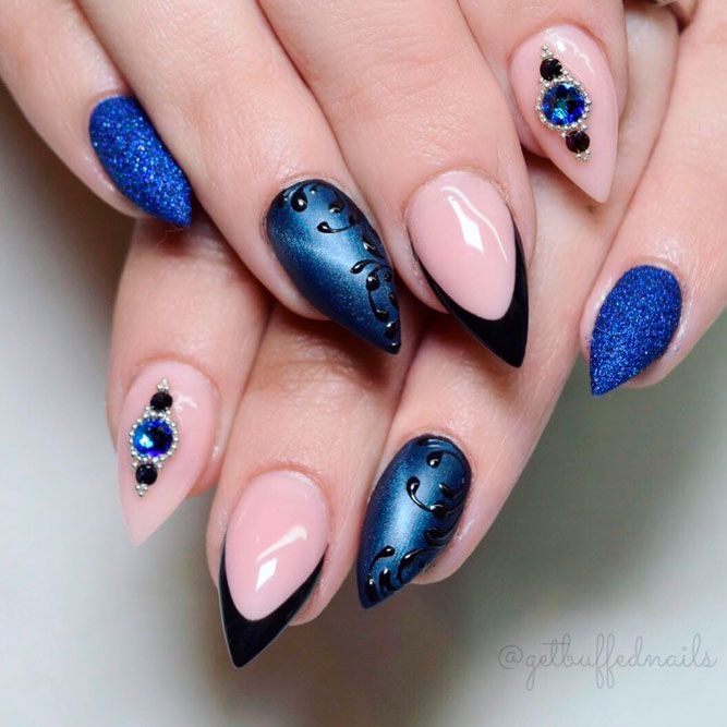 Short Stiletto Nails With French Mani #rhinestonesnails #bluenails