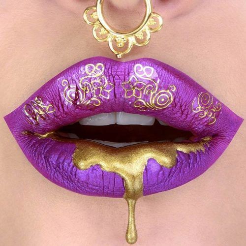 Soft Purple Lipstick With Gold Liquid Art #goldliquid