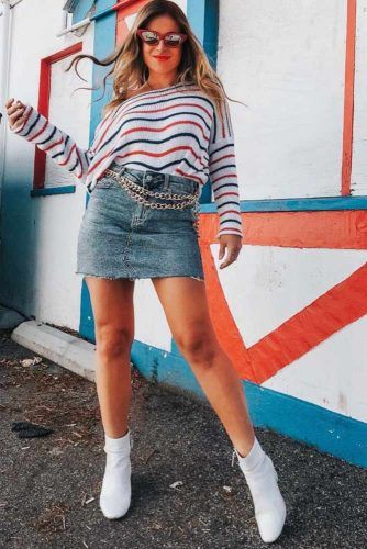 Striped Sweater With Denim Skirt Outfit #denimskirt