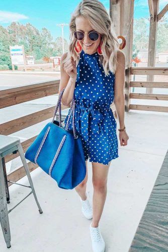 Blue Polka Dots Romper With Red Earrings #romper