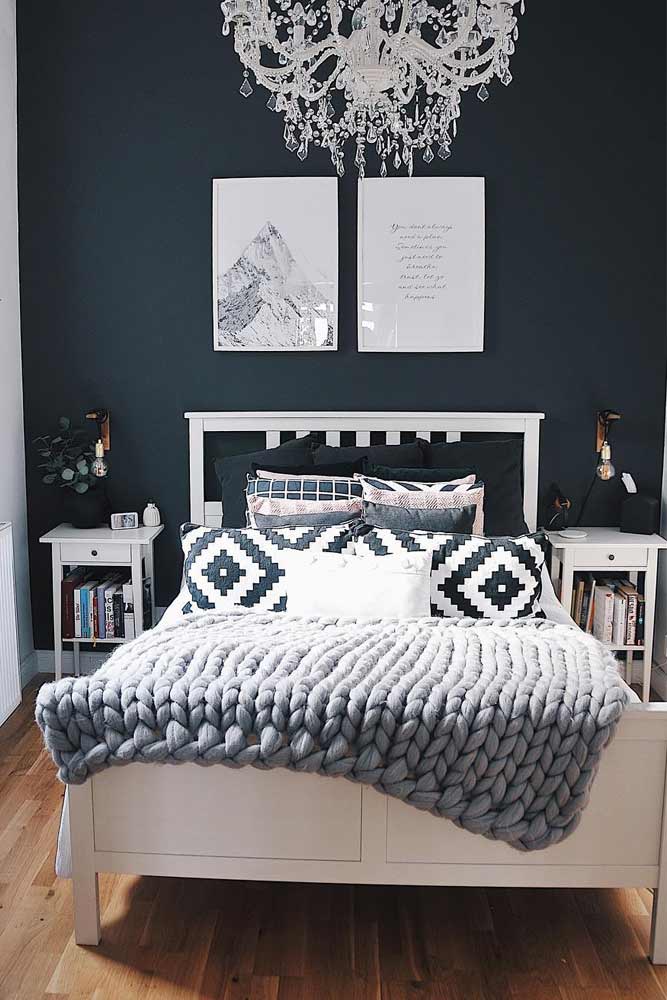 Modern Bedroom Design With Ornament Pillows #darkwallcolor 