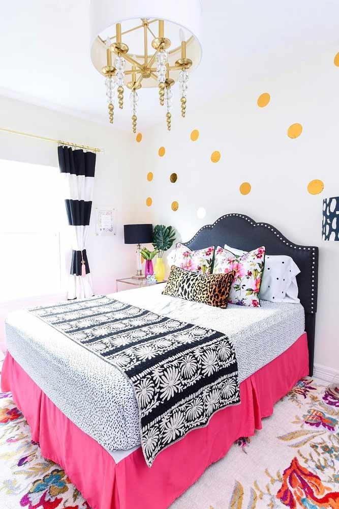Modern Bedroom With Bright Decorations #polkadotswalldecor #stripedcurtains