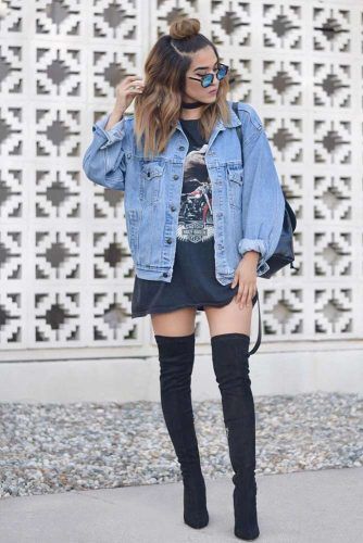 Denim Jacket With Long T-shirt Dress #denimjacket