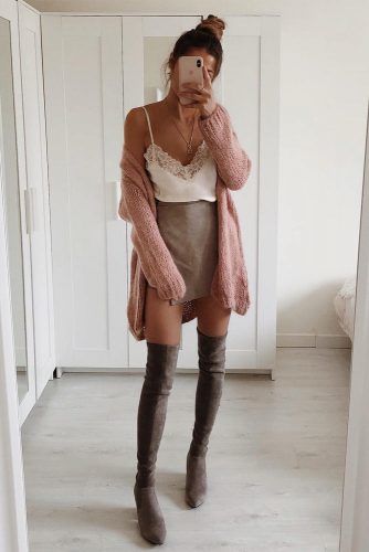 Mini Skirt With Long Cardigan And OTK Boots #otkboots #cardigan