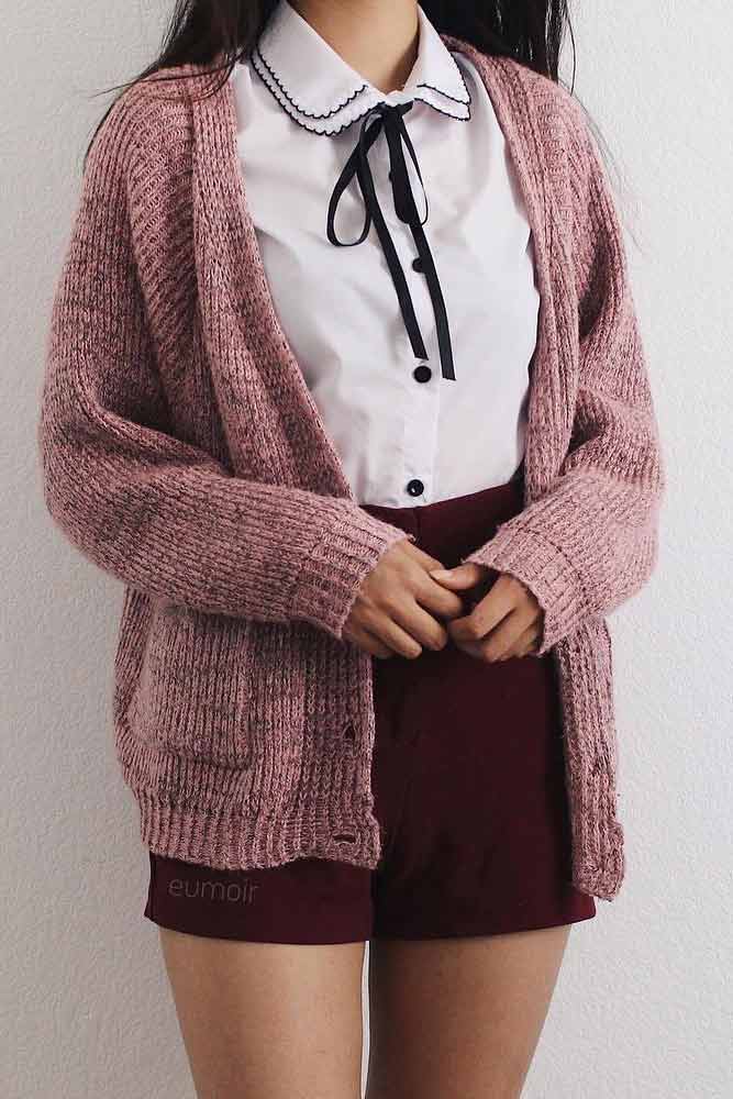 Oversize Cardigan With Shirt And Bow #cardigan #oversizecardigan #miniskirt