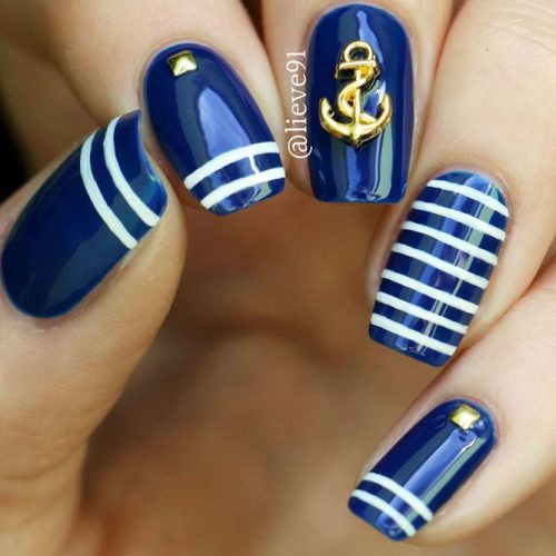 Short Blue Nails With Stripes And Anchors Art