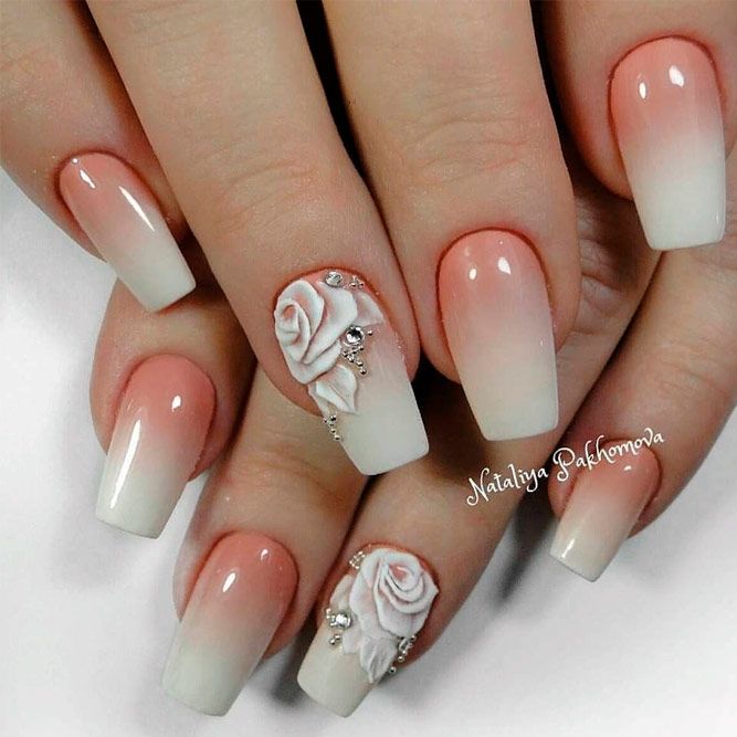French Fade Nail Art With 3-D Roses #ombrenails #nudenails