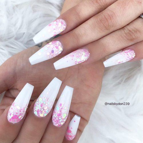 White And Pink Glitter Nails Design #pinkglitter