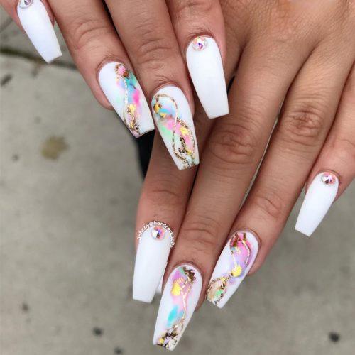 White Coffin Nails With Colorful Marble Art #marbleart