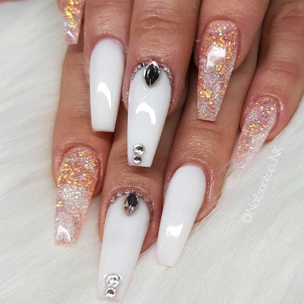 White And Gold Crystals Nails Design #goldglitter