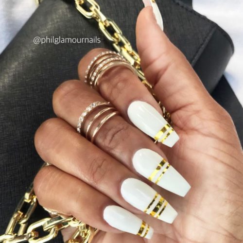 Long White Coffin Nails With Gold Stripes #stripednails #longnails