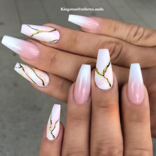 White And Pink Ombre Nails With A Marble Stone Design #marblenails #ombrenails