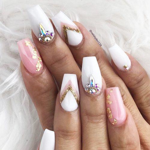 Fancy White Coffin Nails Designs #white #pink #crystals