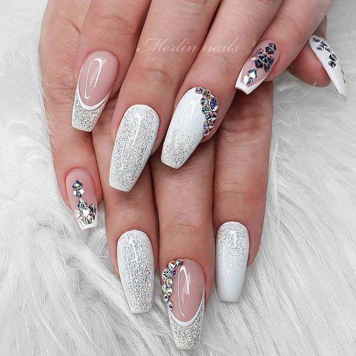 White Coffin Nails With A Glitter Accent #silverglitter