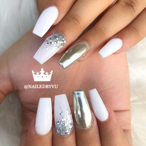 White And Silver Coffin Nails Design #silverglitter #silvermetallic