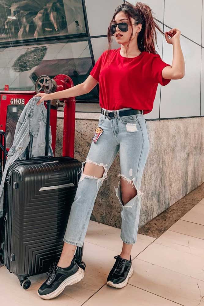 red shirt and jeans outfit