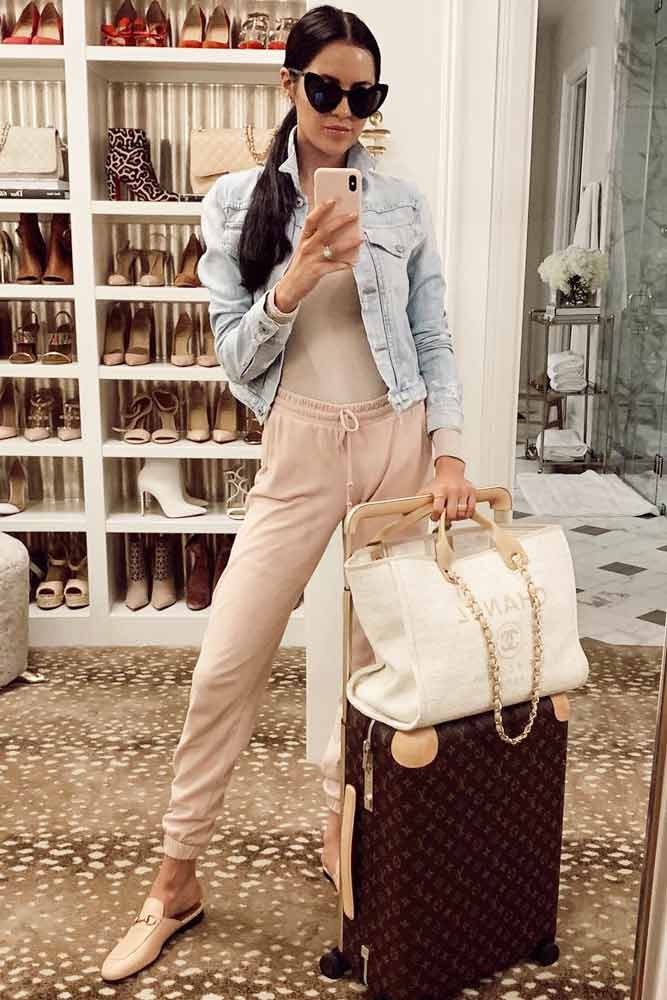 Blush Pants With Jean Jacket Airplane Outfit #pants #denimjacket