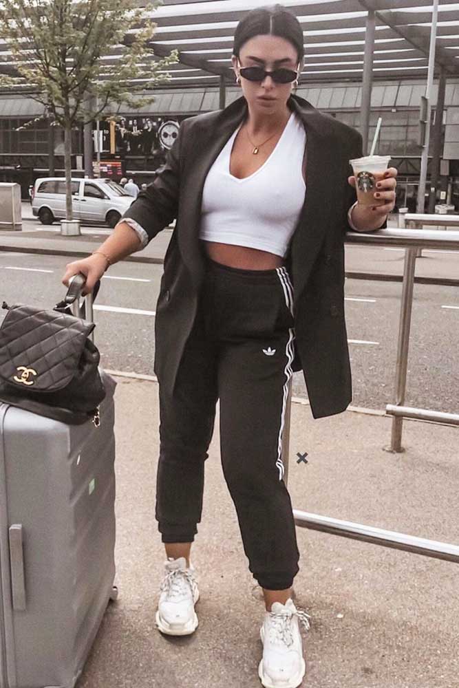 Black Jacket With Adidas Pants #croptop #sneakers