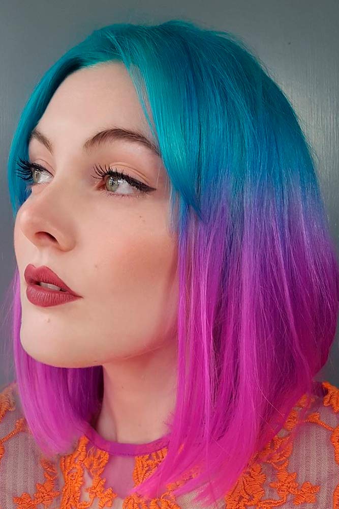 Hair Color Ideas Two Tone Neon Blue Pink Ombre 