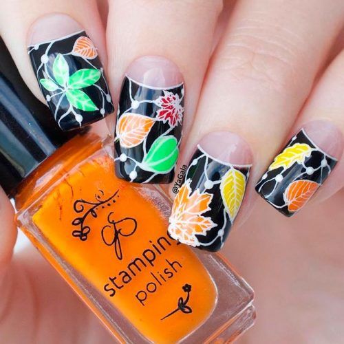 Fall Leaves On Black Base #shortnails #prettynails